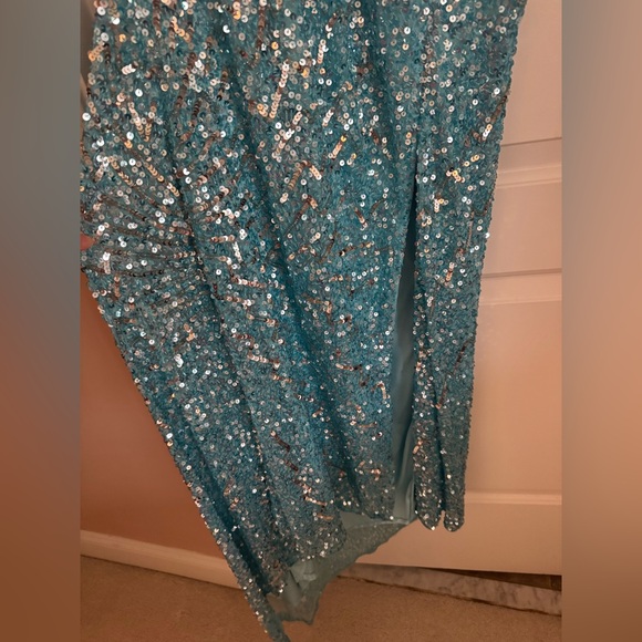 Precious Formals Blue Sequin One Shoulder Long Sleeve Leg Slit Prom Dress - Picture 5 of 9